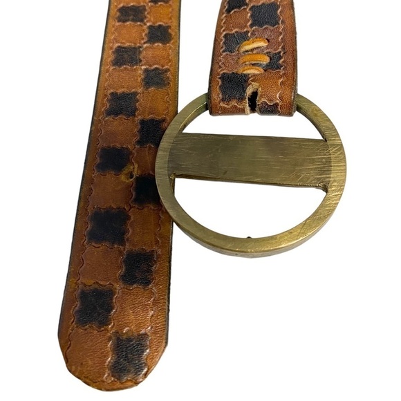 Vintage Leather Belt checkered pattern brassy gold buckle Boho Chic IndieSleaze - Picture 3 of 5